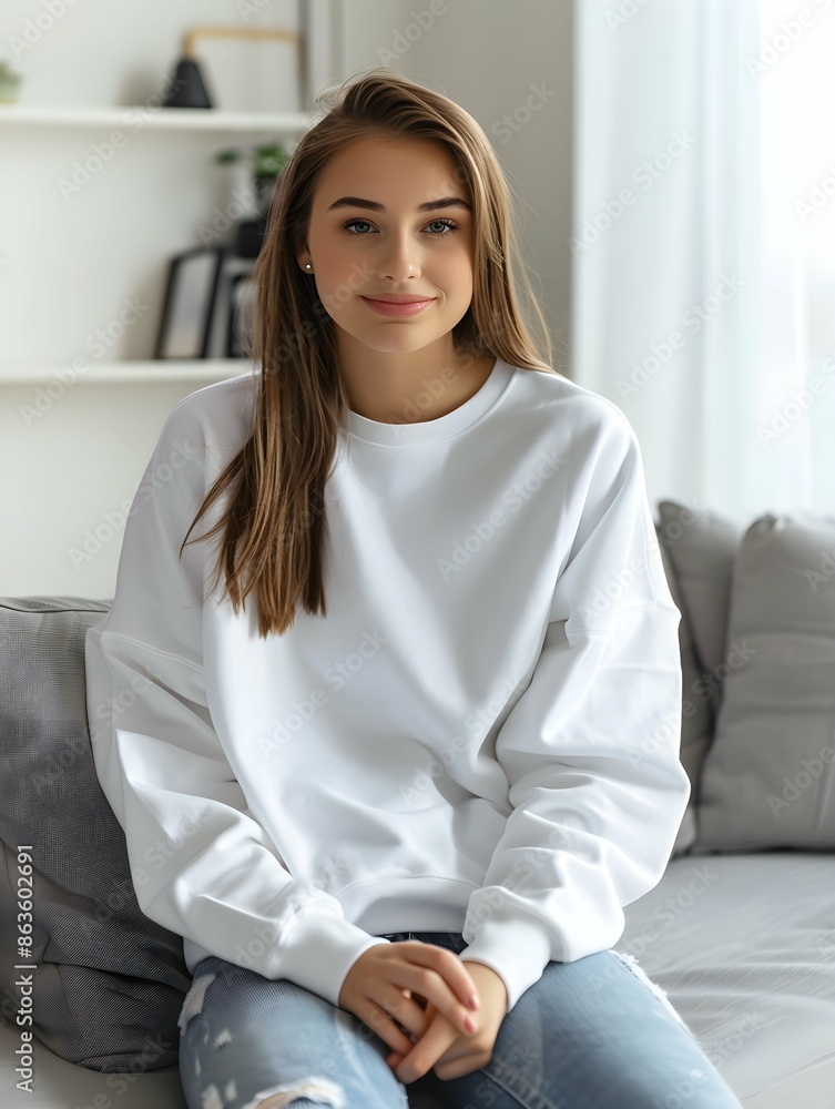 Mockup. Young woman wearing blank white crewneck sweatshirt. Young caucasian girl sitting on couch in modern living room. Mock up template for sweatshirt design, print area for logo or design Mockup. Young woman wearing blank white crewneck sweatshirt. Young caucasian girl sitting on couch in modern living room. Mock up template for sweatshirt design, print area for logo or design