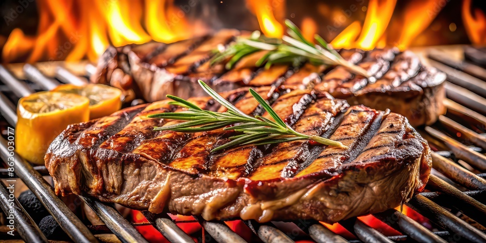 A close-up image of a grill filled with unlimited servings of grilled beef and hormone , Yakiniku, all-you-can-eat A close-up image of a grill filled with unlimited servings of grilled beef and hormone , Yakiniku, all-you-can-eat