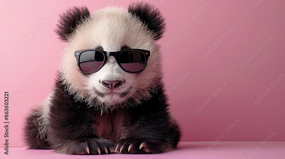 Cute panda cub wearing cool sunglasses, sitting on a blue background, with detailed black and white fur and a joyful expression Cute panda cub wearing cool sunglasses, sitting on a blue background, with detailed black and white fur and a joyful expression