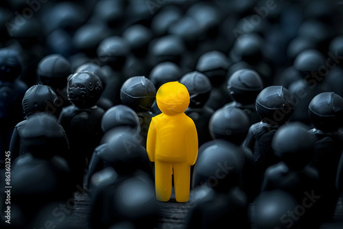 Unique yellow person standing out among dark figures, brand differentiation and competition