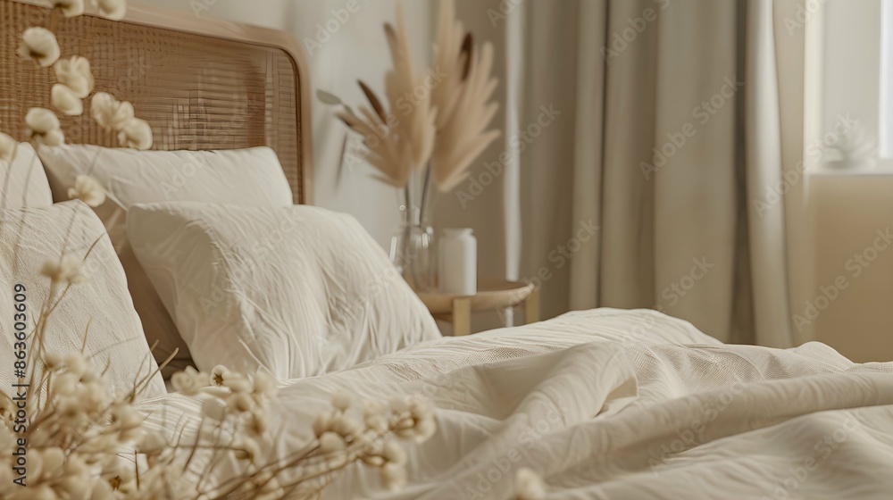 Modern house interior details. Simple cozy beige bedroom interior with bed headboard, linen bedding, bedside table and natural decorations, closeup Modern house interior details. Simple cozy beige bedroom interior with bed headboard, linen bedding, bedside table and natural decorations, closeup
