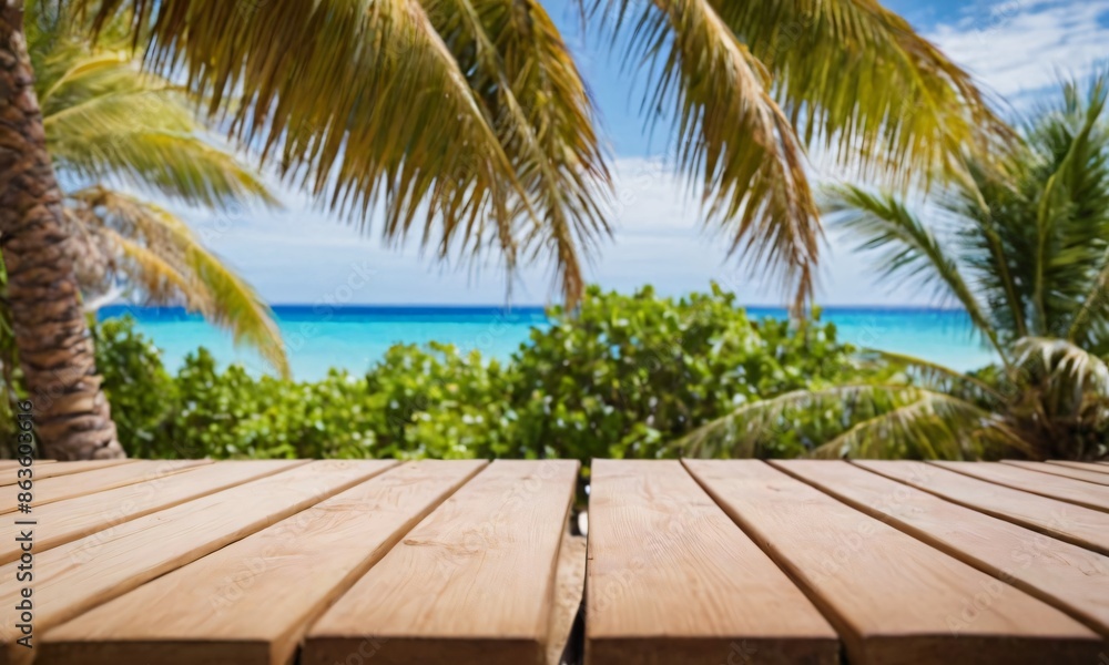 table wood for product visualization in the tropical beach table wood for product visualization in the tropical beach