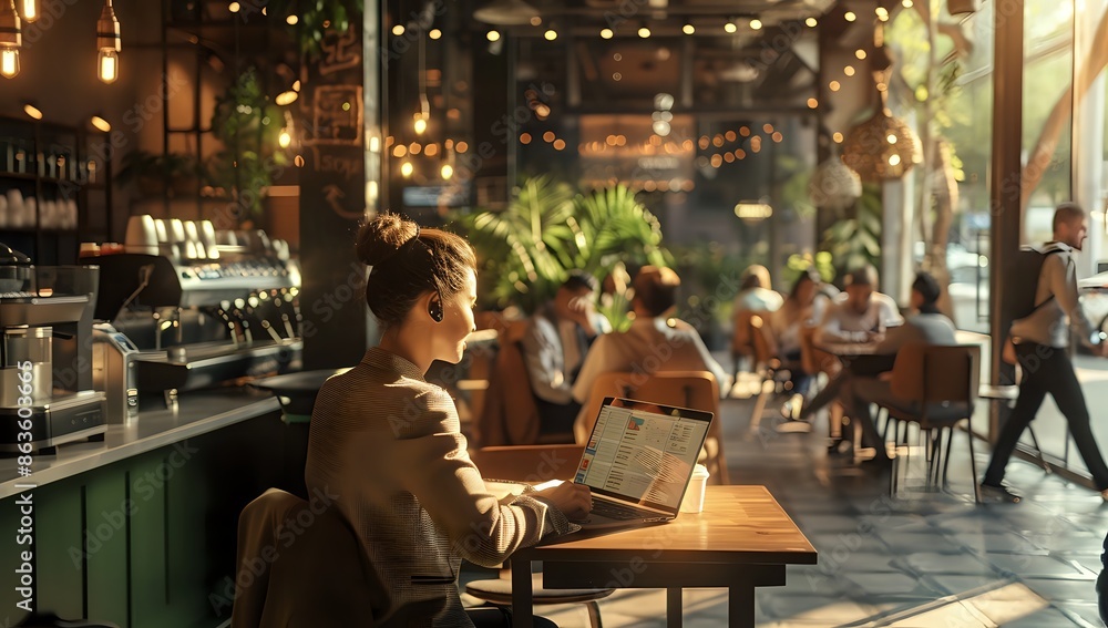 Young woman working remotely in bustling cafe, enjoying sunshine and coffee while focused on laptop. Concept of digital nomad lifestyle, remote work, freelance and entrepreneurship Young woman working remotely in bustling cafe, enjoying sunshine and coffee while focused on laptop. Concept of digital nomad lifestyle, remote work, freelance and entrepreneurship
