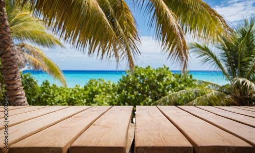 table wood for product visualization in the tropical beach photo