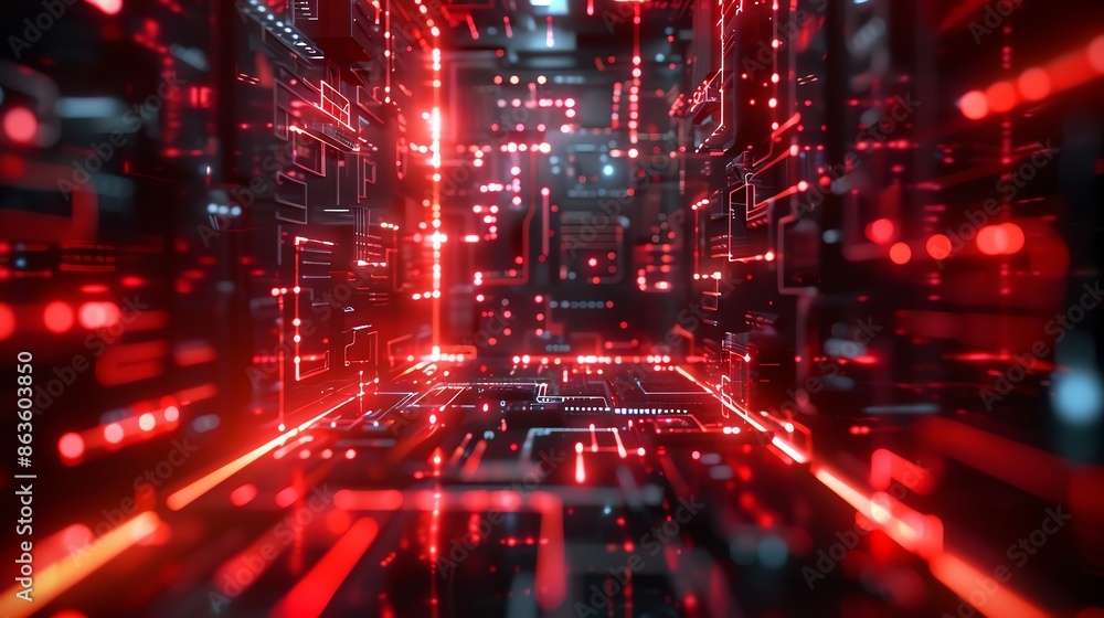 Futuristic digital matrix with glowing red and black technology elements, visualizing data transfer and information flow. Futuristic digital matrix with glowing red and black technology elements, visualizing data transfer and information flow.