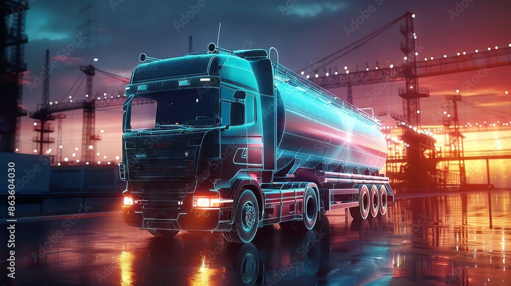 Futuristic truck in neon lights at a dockyard during sunset, symbolizing advanced transportation and logistics technology. Futuristic truck in neon lights at a dockyard during sunset, symbolizing advanced transportation and logistics technology.