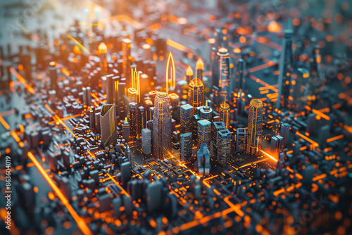 3D illustration rendering,The concept of the digital city arises from the small particles forming into the structure of the city, the modern city complex. © Jiranun