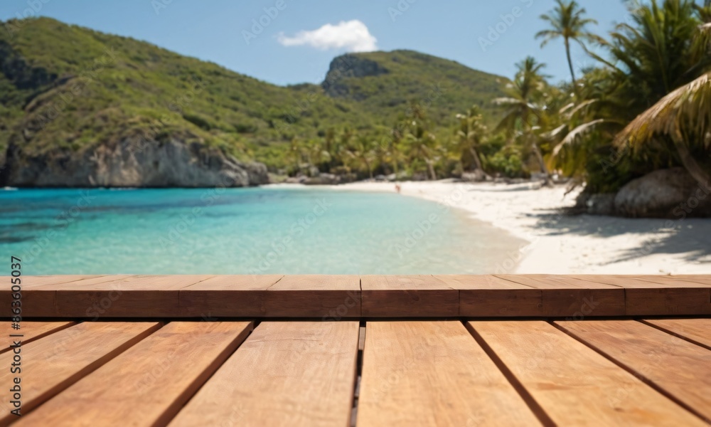 Fototapeta premium table wood for product visualization in the tropical beach