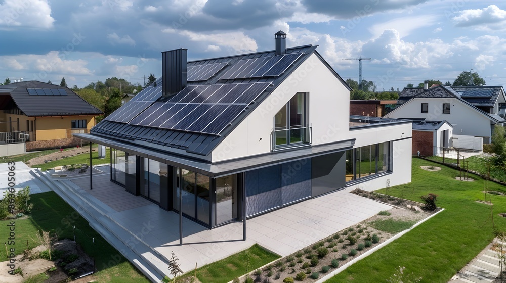 New suburban house with a photovoltaic system on the roof. Modern eco ...