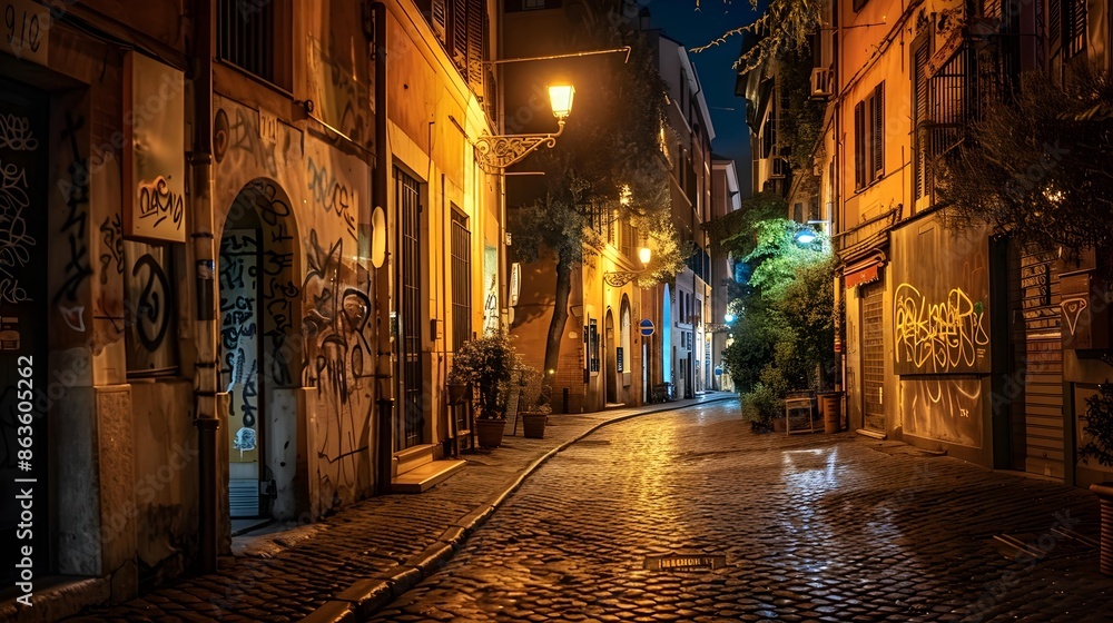 Night view of old street in Trastevere in Rome, Italy Night view of old street in Trastevere in Rome, Italy