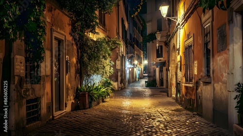 Night view of old street in Trastevere in Rome, Italy