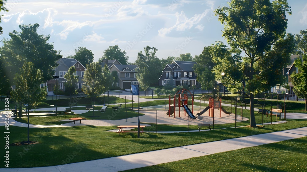park with playground, basketball court, and picnic area visible in