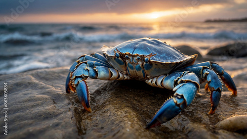 blue swimming crab standing sentinel on a rocky coastal shore. Its body, thorax, and belly are clearly divided