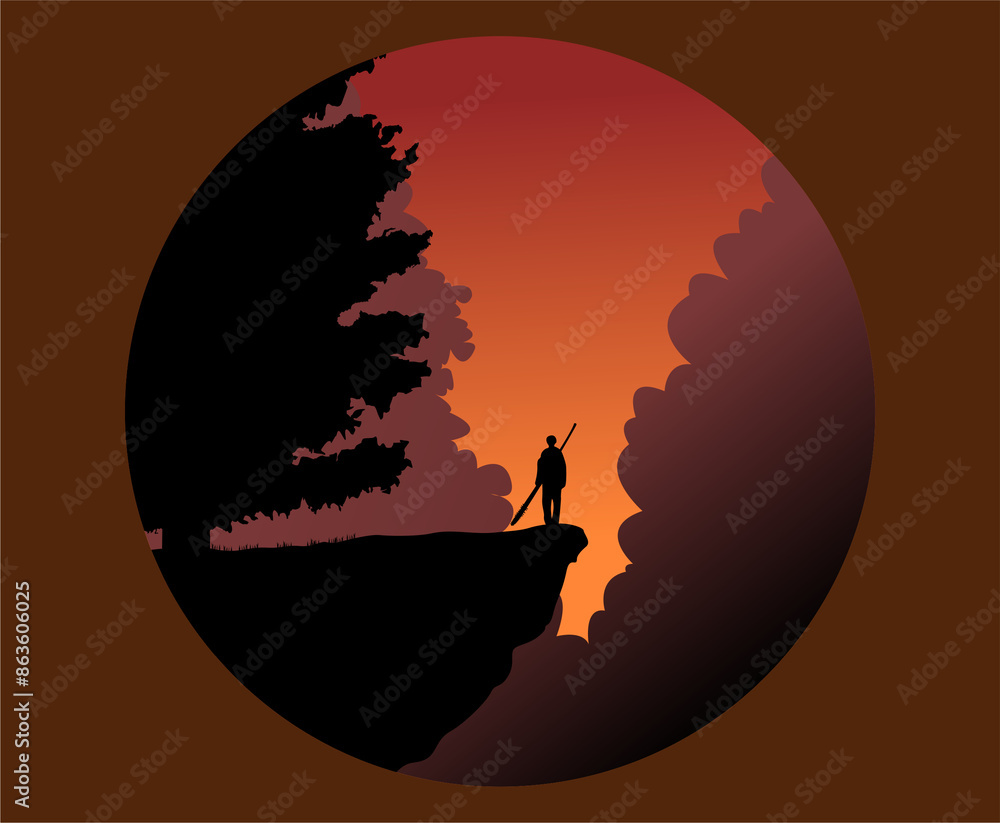illustration of sky and clouds on a hill. Round logo, poster logo, card, simple logo. Minimalist landscape style, vector scenery illustration of sky and clouds on a hill. Round logo, poster logo, card, simple logo. Minimalist landscape style, vector scenery