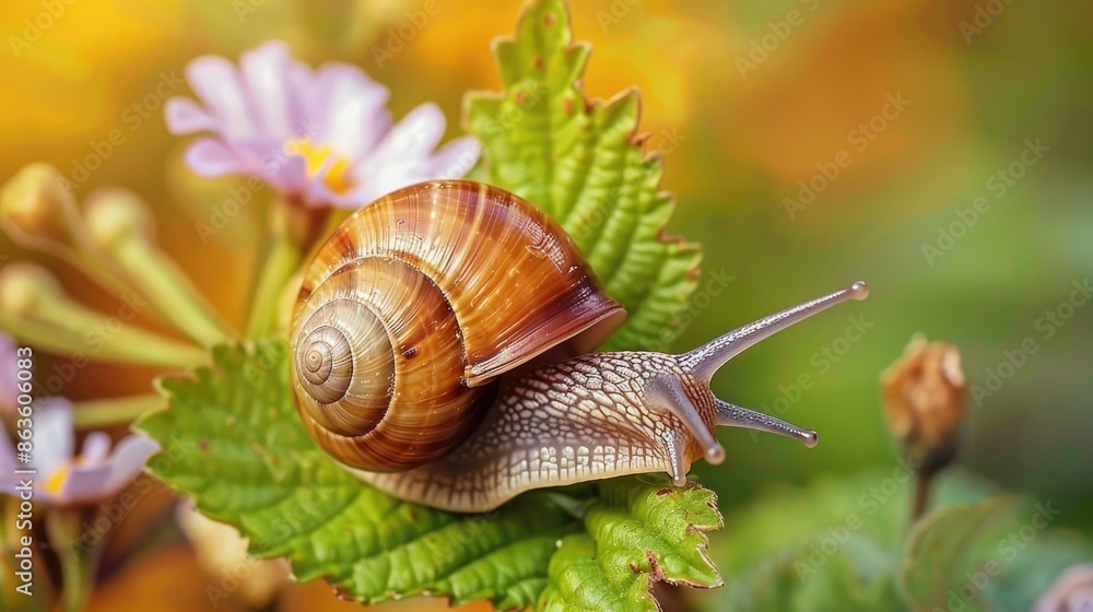 Snail with brown shell climbing and foraging on a flower leaf in natural setting Snail with brown shell climbing and foraging on a flower leaf in natural setting