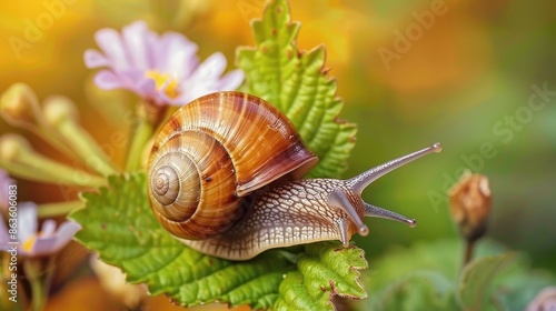 Snail with brown shell climbing and foraging on a flower leaf in natural setting