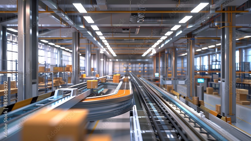 Fototapeta premium Efficiency in Motion Futuristic Distribution Center with Automated Conveyors and HighTech Displays