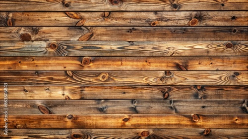 Weathered brown wooden wall pattern featuring varied wooden planks with knots, cracks, and imperfections, creating a seamless and rustic background for design elements. photo