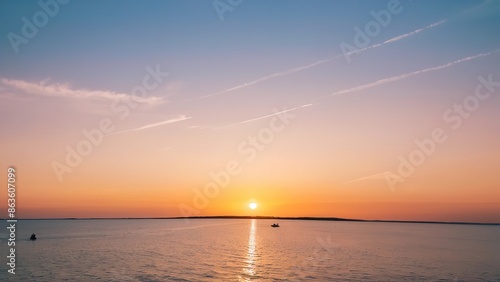 the sun sets over a body of water on a clear day and boats floating in the water