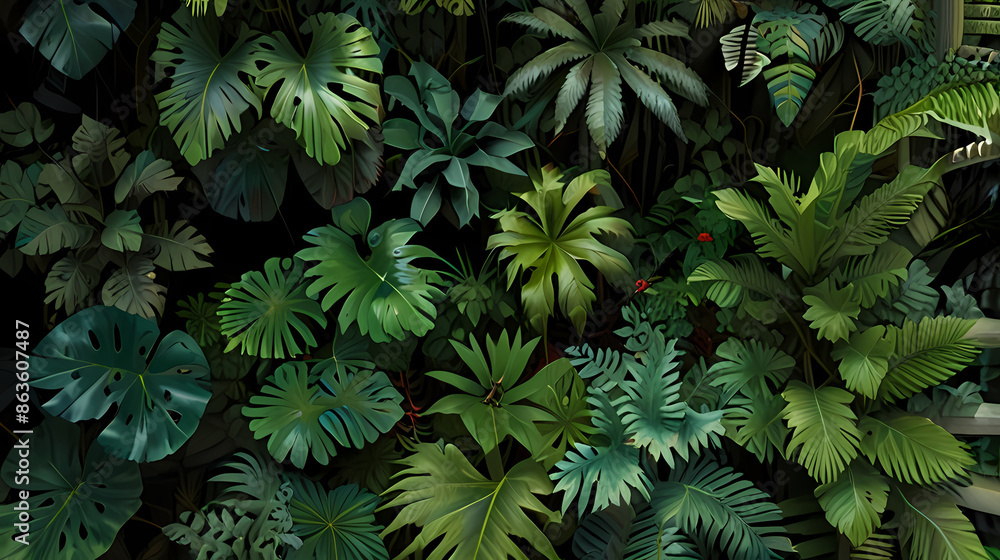 Top-down perspective of a tropical jungle, with various shades of green from tall trees, vines, and bushes, dotted with small clearings Top-down perspective of a tropical jungle, with various shades of green from tall trees, vines, and bushes, dotted with small clearings