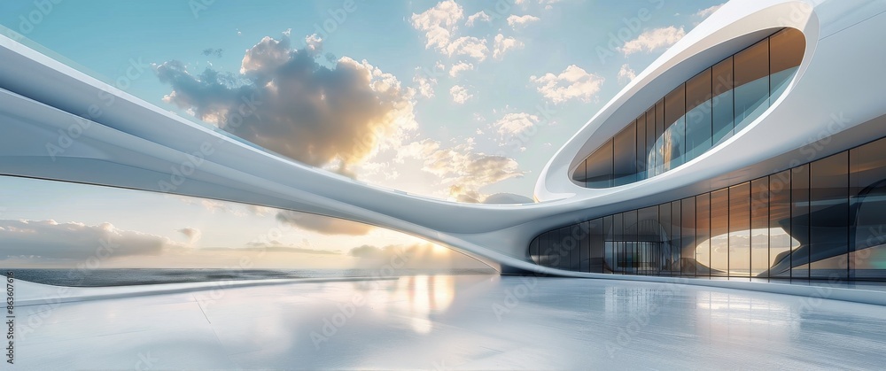 Modern Architecture Design With Curved Walls and Glass Windows at Sunset Modern Architecture Design With Curved Walls and Glass Windows at Sunset