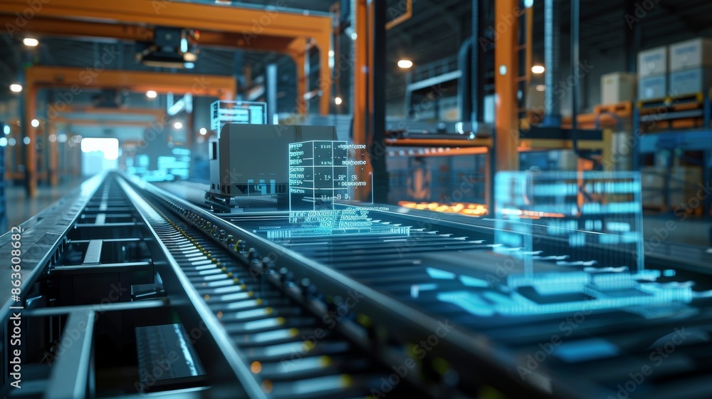 Fototapeta premium Technological Marvel Closeup of Automated Parcel Scanner Revealing Intricate Machinery and Futuristic Data Visualization