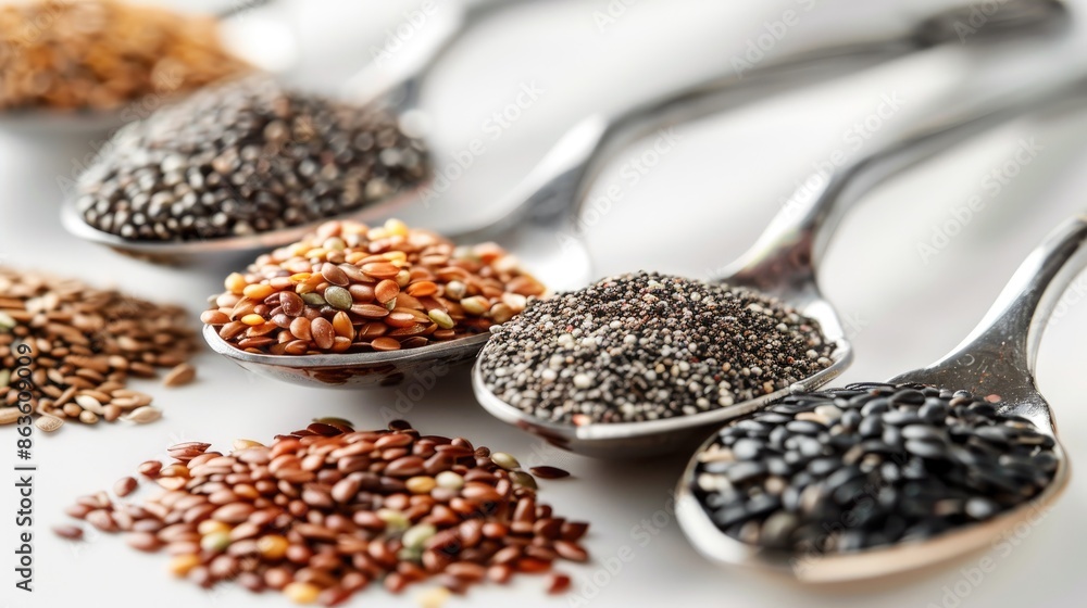 Assortment of seeds in spoon on white surface Close up Assortment of seeds in spoon on white surface Close up