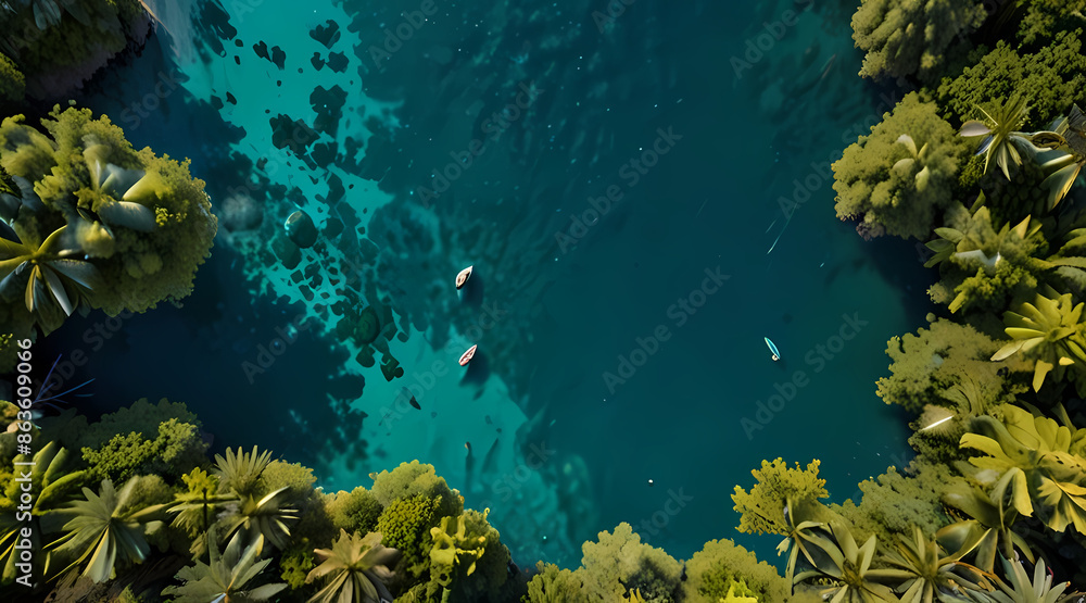 Fototapeta premium Top-down view of a forested island, surrounded by turquoise waters, with lush vegetation covering the land