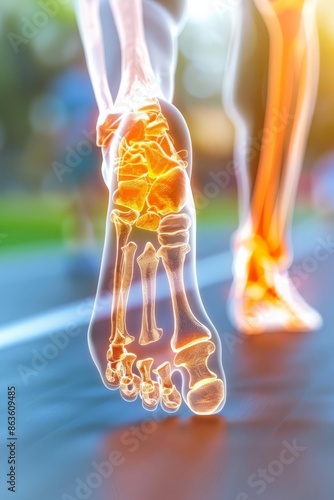 X-ray view of a runner's foot in motion highlighting bones and movement, symbolizing human body mechanics and athletic activity.