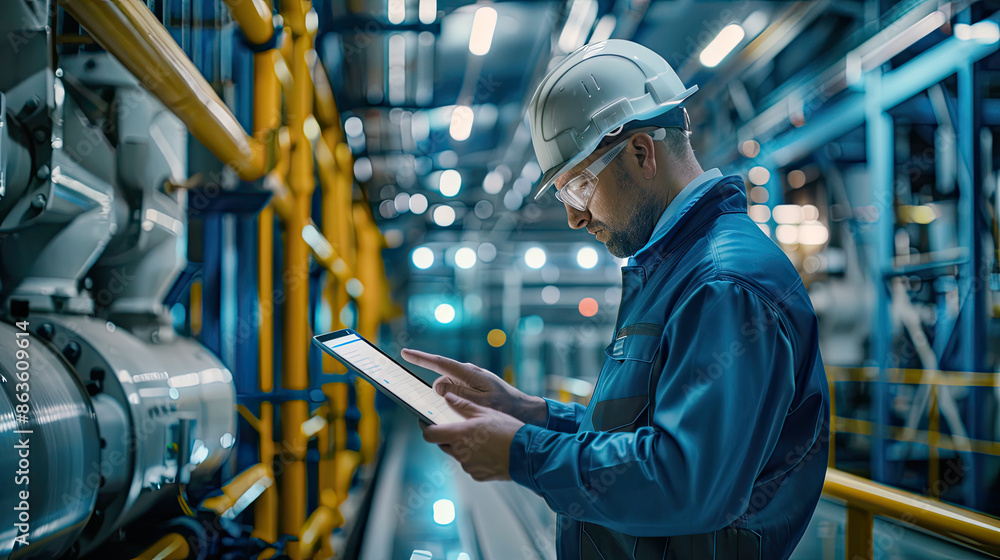 Man using a tablet in a factory setting, overseeing industrial operations Man using a tablet in a factory setting, overseeing industrial operations
