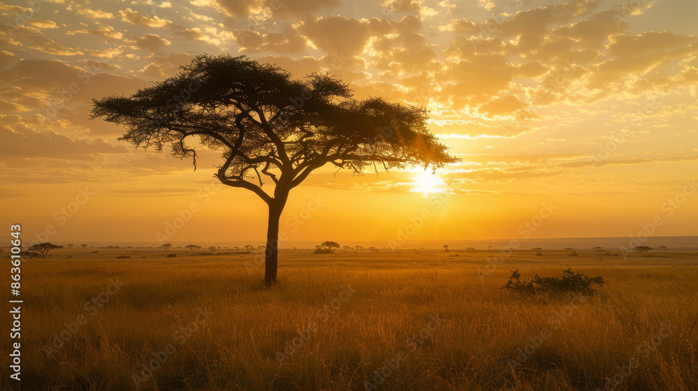 Fototapeta premium The beautiful African savanna welcomes a new day as the sun rises over the horizon. An acacia tree stands tall against the golden sky, its branches reaching towards the heavens.