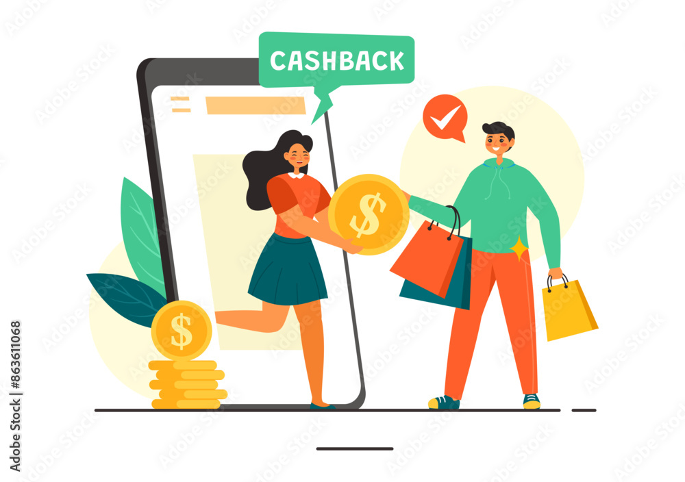 Naklejka premium Cashback Vector Illustration with Financial Payment to Money Cashback Service for a Buyer in a Flat Cartoon Style Background