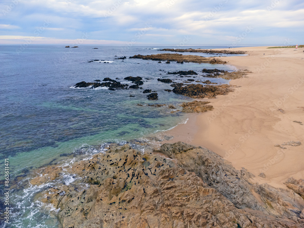 aerial drone view of a beach with a rock, zenithal photo, Portugal