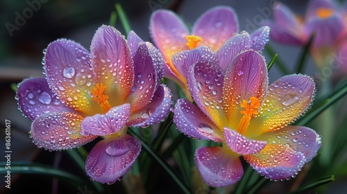 Dew-covered crocus flowers glisten in the early morning light, each petal adorned with tiny droplets of water. The vibrant purple and yellow hues of the flowers are magnified by th