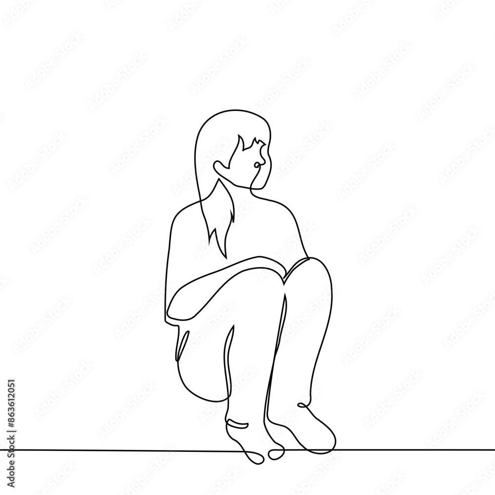 woman sits alone on the floor, leaning her back against the wall, her legs bent at the knees - one line vector art. concept loneliness, shy, outcast, sad woman sits alone on the floor, leaning her back against the wall, her legs bent at the knees - one line vector art. concept loneliness, shy, outcast, sad