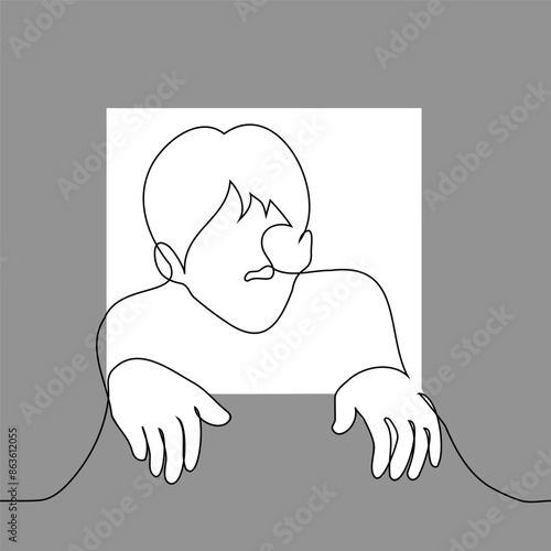 an sticks his head out holding the edges of a small window, he wants to see and get through the window - one line vector art. peeking, metaphor for small space or claustrophobia