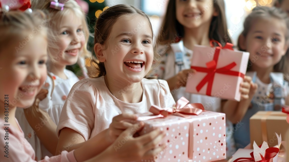 Happy children opening gifts at a birthday party with joyful expressions Happy children opening gifts at a birthday party with joyful expressions