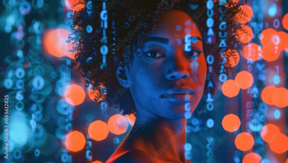 Portrait of Woman with Digital Code Overlay. Generative ai Portrait of Woman with Digital Code Overlay. Generative ai