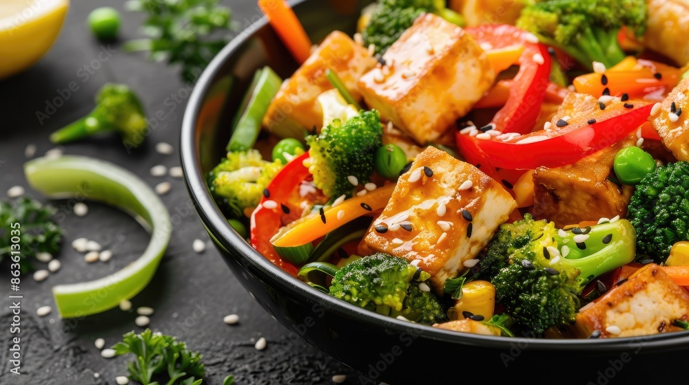 Healthy stir-fry dish with tofu, colorful vegetables Healthy stir-fry dish with tofu, colorful vegetables