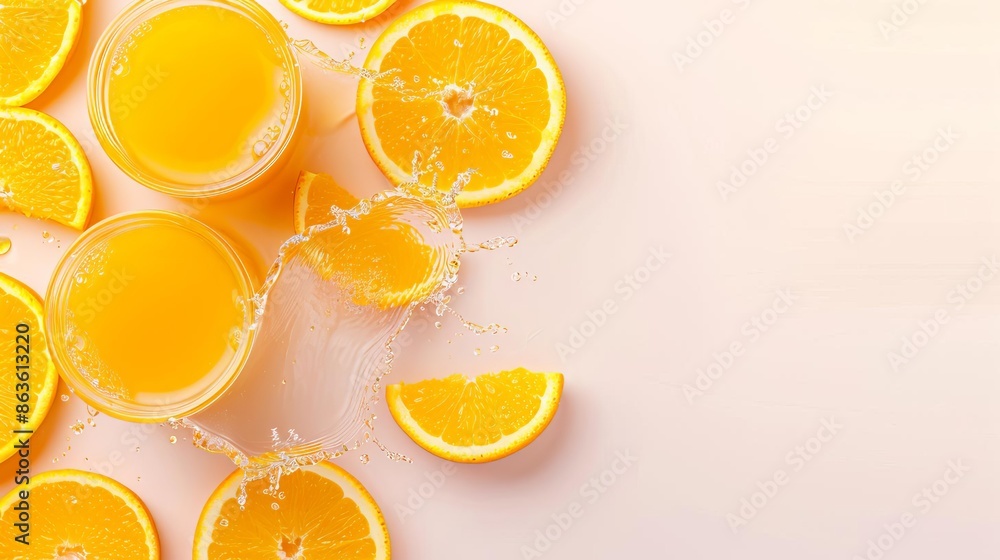 Freshly squeezed orange juice in glasses with splashes, surrounded by orange slices on a light background. Freshly squeezed orange juice in glasses with splashes, surrounded by orange slices on a light background.