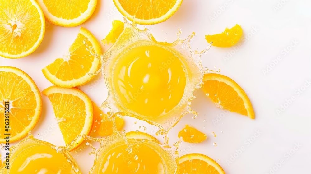 Fresh orange slices and splashes of juice on a white background, capturing the vibrant essence of citrus fruit in a refreshing scene. Fresh orange slices and splashes of juice on a white background, capturing the vibrant essence of citrus fruit in a refreshing scene.