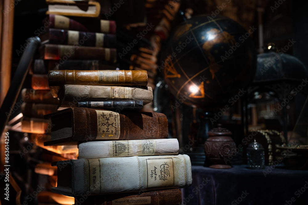 Naklejka premium JAPAN - Nov 13, 2023: Dimly lit antique study with a stack of old books a vintage globe and ornate artifacts on display in Hogwarts at Warner Bros. Studio Tour Tokyo, The Making of Harry Potter
