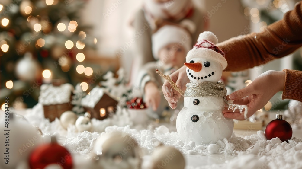 Snowman being built Christmas house Snowman being built Christmas house