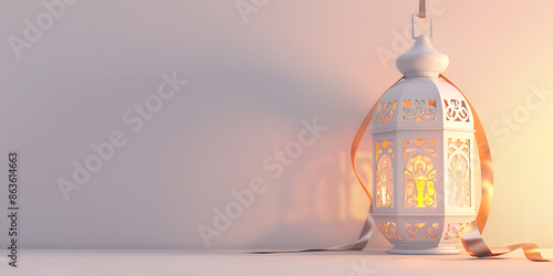 Celebration of islamic eid mubarak and eid al adha lantern in a light background 