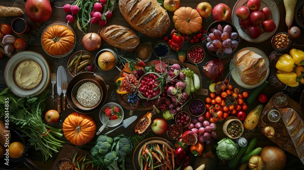 Abundance on Display Vibrant Harvest Table with Fresh Organic Produce and Artisan Bread TopDown Perspective Highlighting Natural Ingredients and FarmtoTable Elegance Abundance on Display Vibrant Harvest Table with Fresh Organic Produce and Artisan Bread TopDown Perspective Highlighting Natural Ingredients and FarmtoTable Elegance