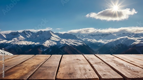 table, Empty wooden table isolated on snow mountain background with sun light, white clouds. product display concept