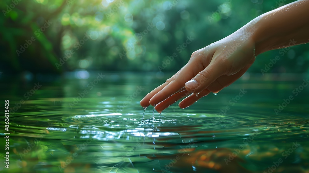 Fingers dipping into pure green river water, illustrating the importance of protecting natural resources and the environment Fingers dipping into pure green river water, illustrating the importance of protecting natural resources and the environment