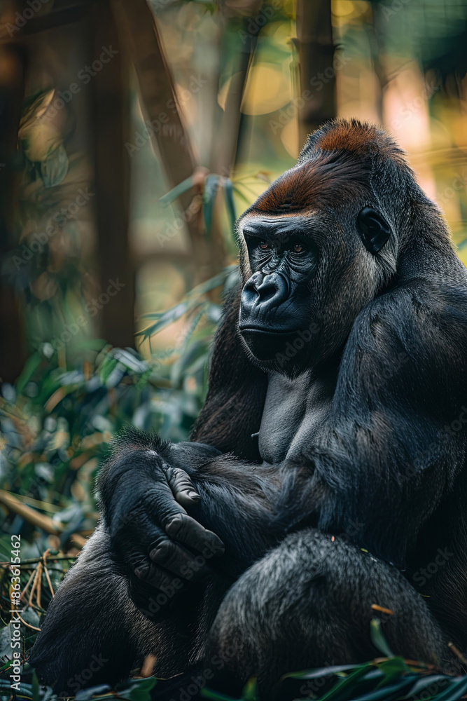 Obraz premium Sitting male gorilla, wildlife and nature