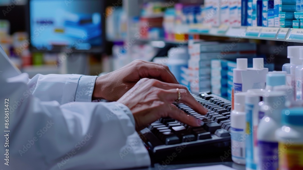Empowering Connection Pharmacist Assisting Customer Online Anonymous Hands Typing on Computer Empowering Connection Pharmacist Assisting Customer Online Anonymous Hands Typing on Computer