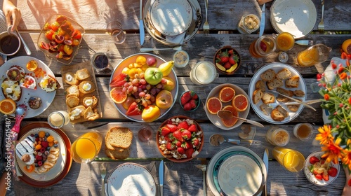Savor the Morning Vibrant Brunch Delights on Sunlit Patio Table © laliz